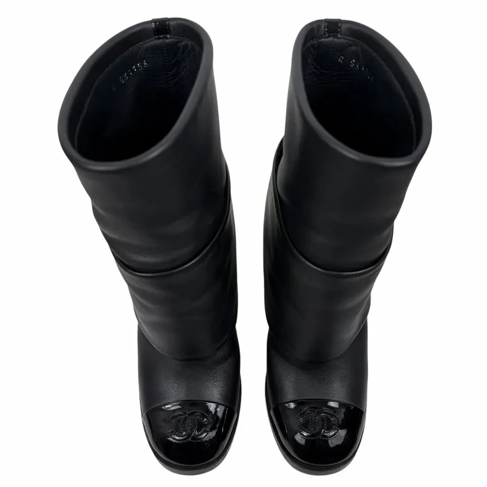 Chanel Interlocking CC logo Cap Toe Foldover Boots Black Leather Size 36